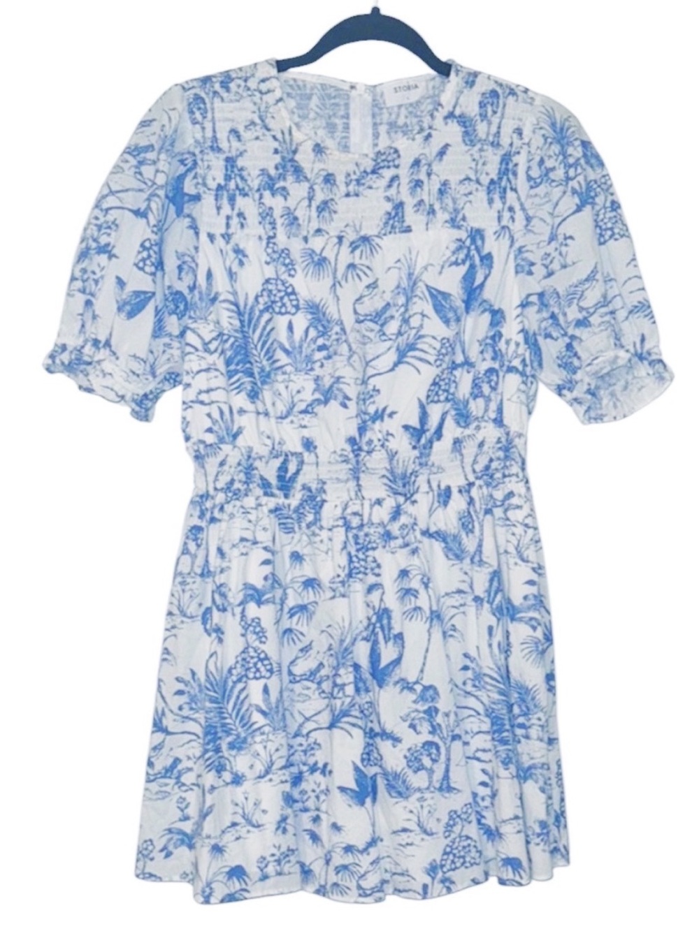 Revolve Storia Blue and White Sheath Mini Dress with Puff Sleeves